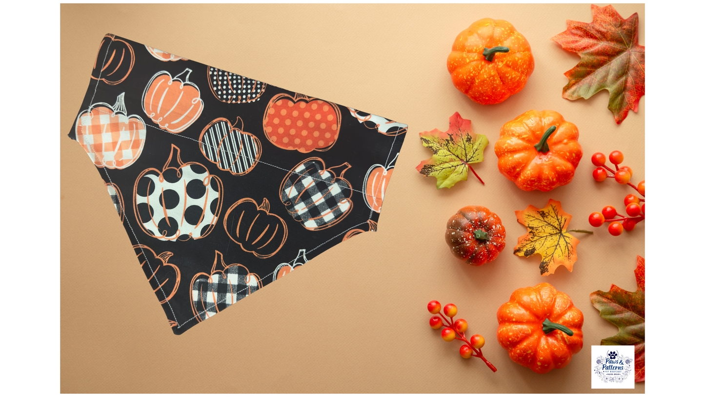 Polka Plaid Pumpkins Dog Bandana, Reversible