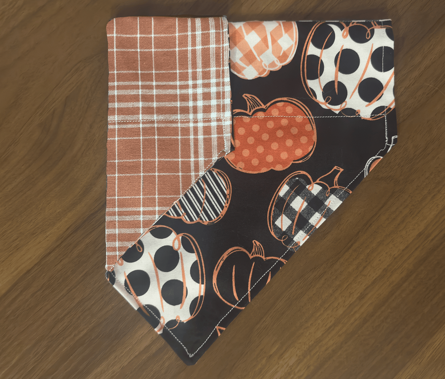 Polka Plaid Pumpkins Dog Bandana, Reversible